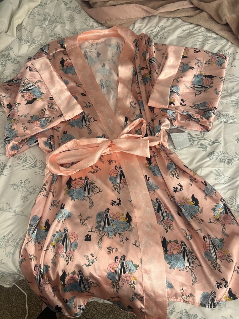Silky Pink Sleeping Beauty Floral Satin Robe with Tie Waist